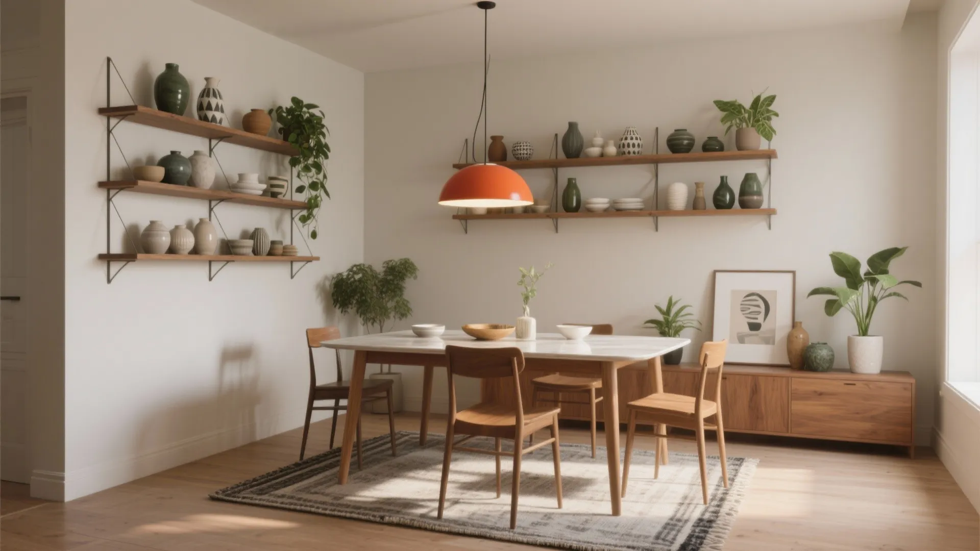 5. Mix of Open Shelving and Statement Lighting