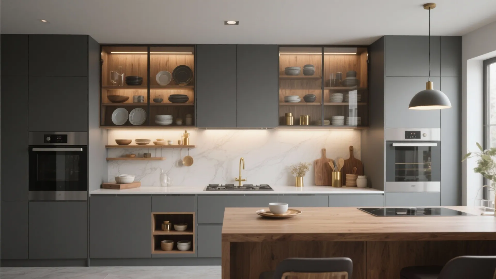 5. Open Shelving, Glass Fronts, and Layered Lighting