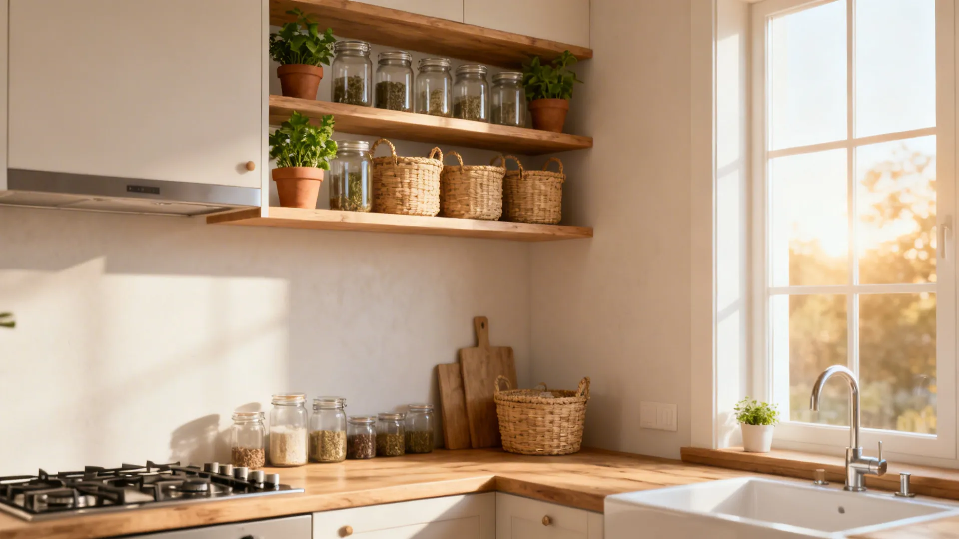 Open wood shelves in a small kitchen with matching jars, baskets and herbs creating an airy feel.
