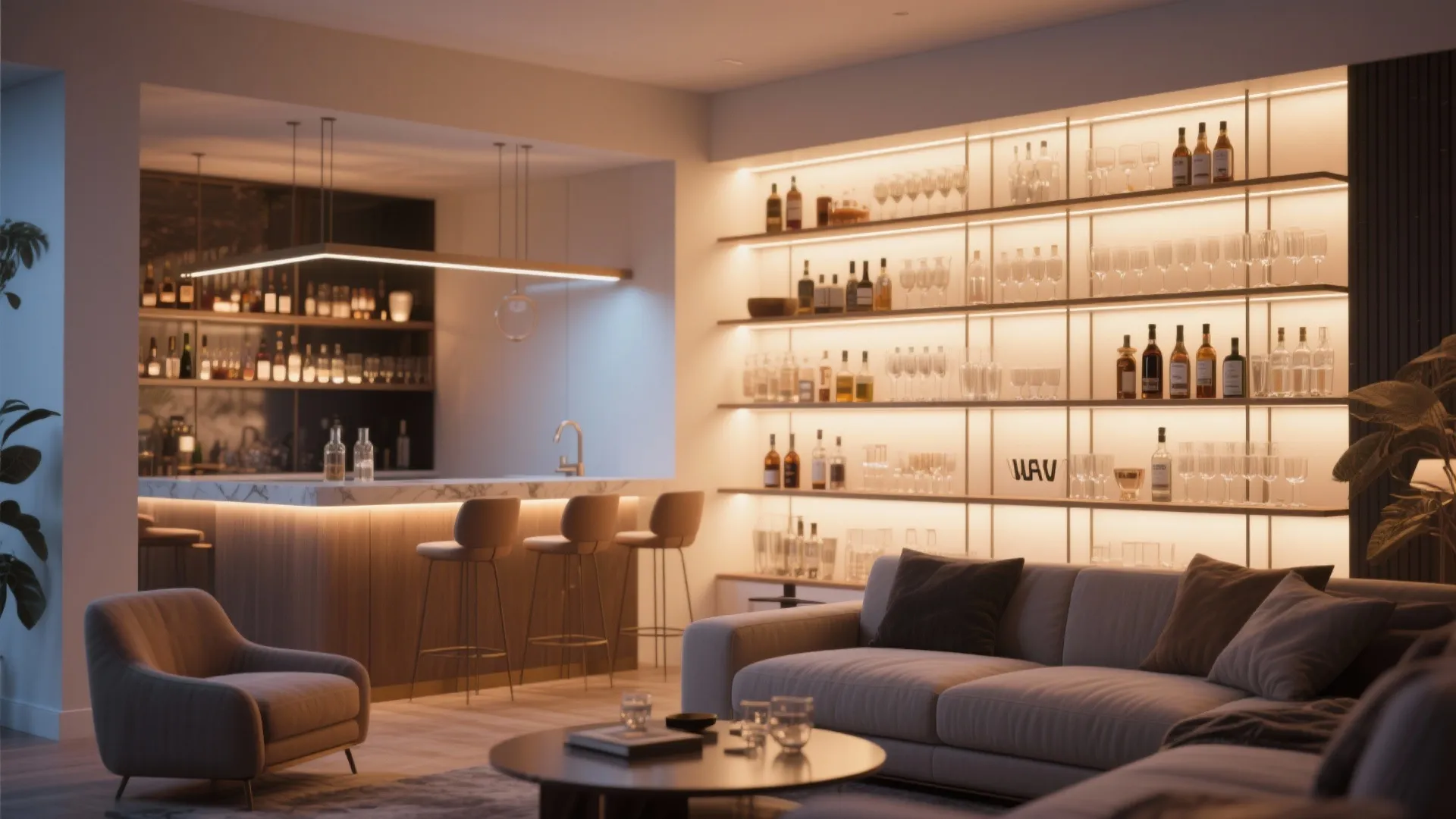 Cozy living space with lighted open wall shelves for bottles glasses grey sofa and bar counter