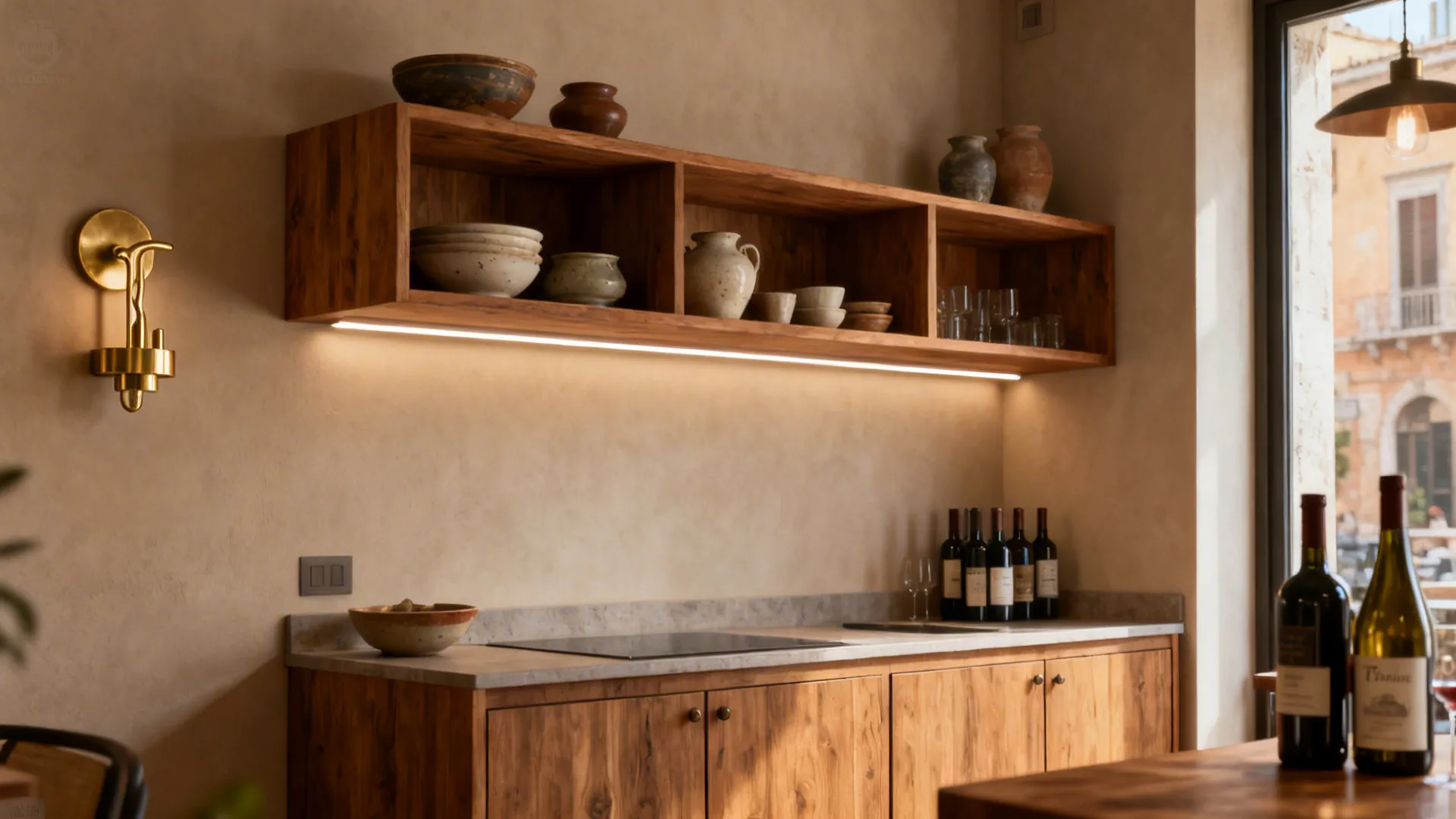Oak floating shelves with ceramics, brass sconce, and under-shelf LED in a compact kitchen.