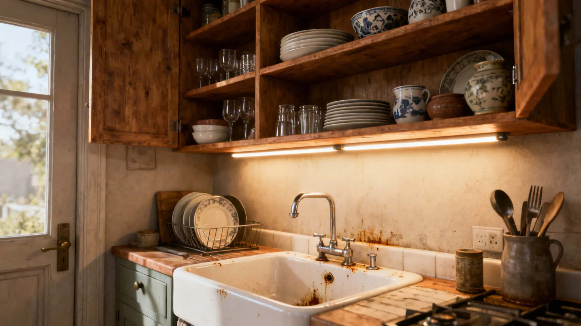 Open wooden shelves above sink with under-shelf LED lighting and mixed plates