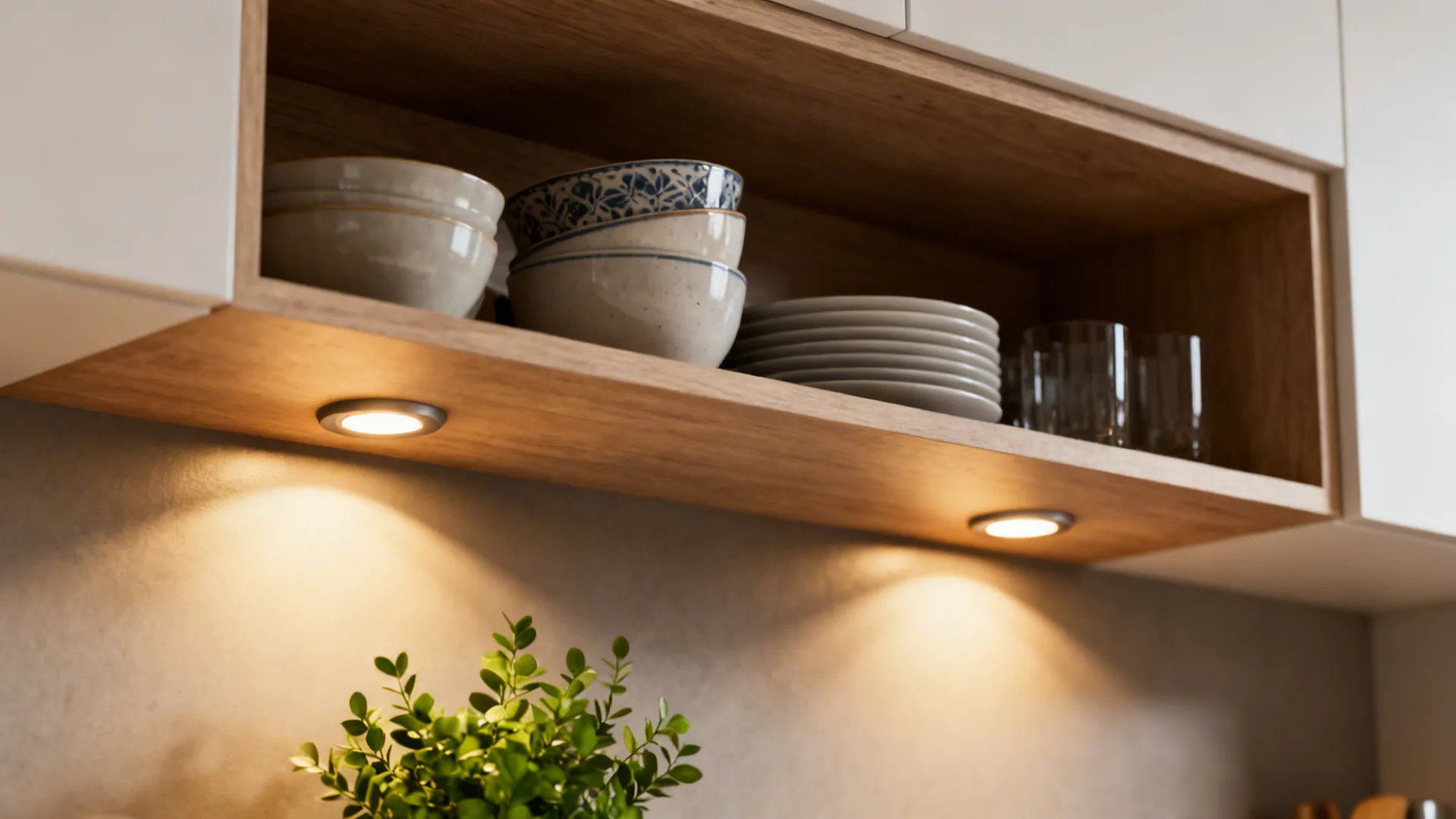 Open kitchen shelves with curated items highlighted by warm under-shelf lighting.