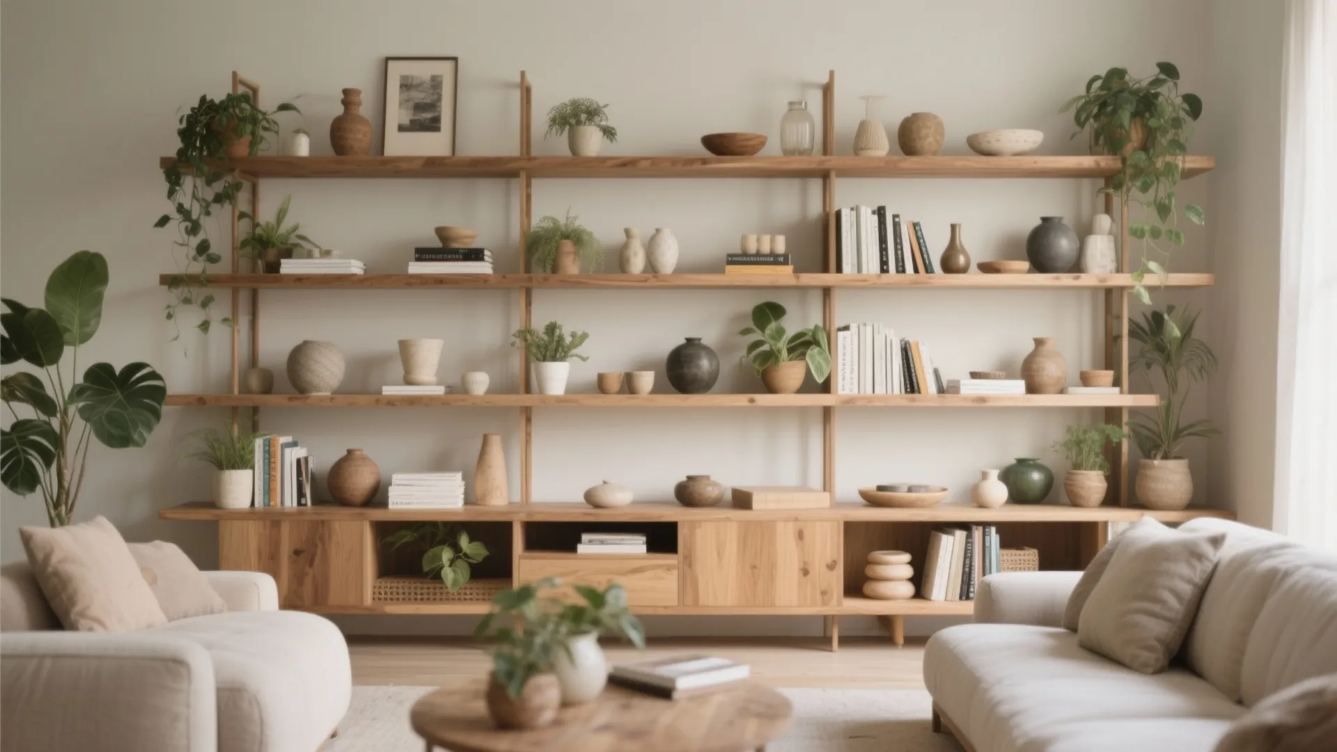 Open wooden shelving with curated decorative items