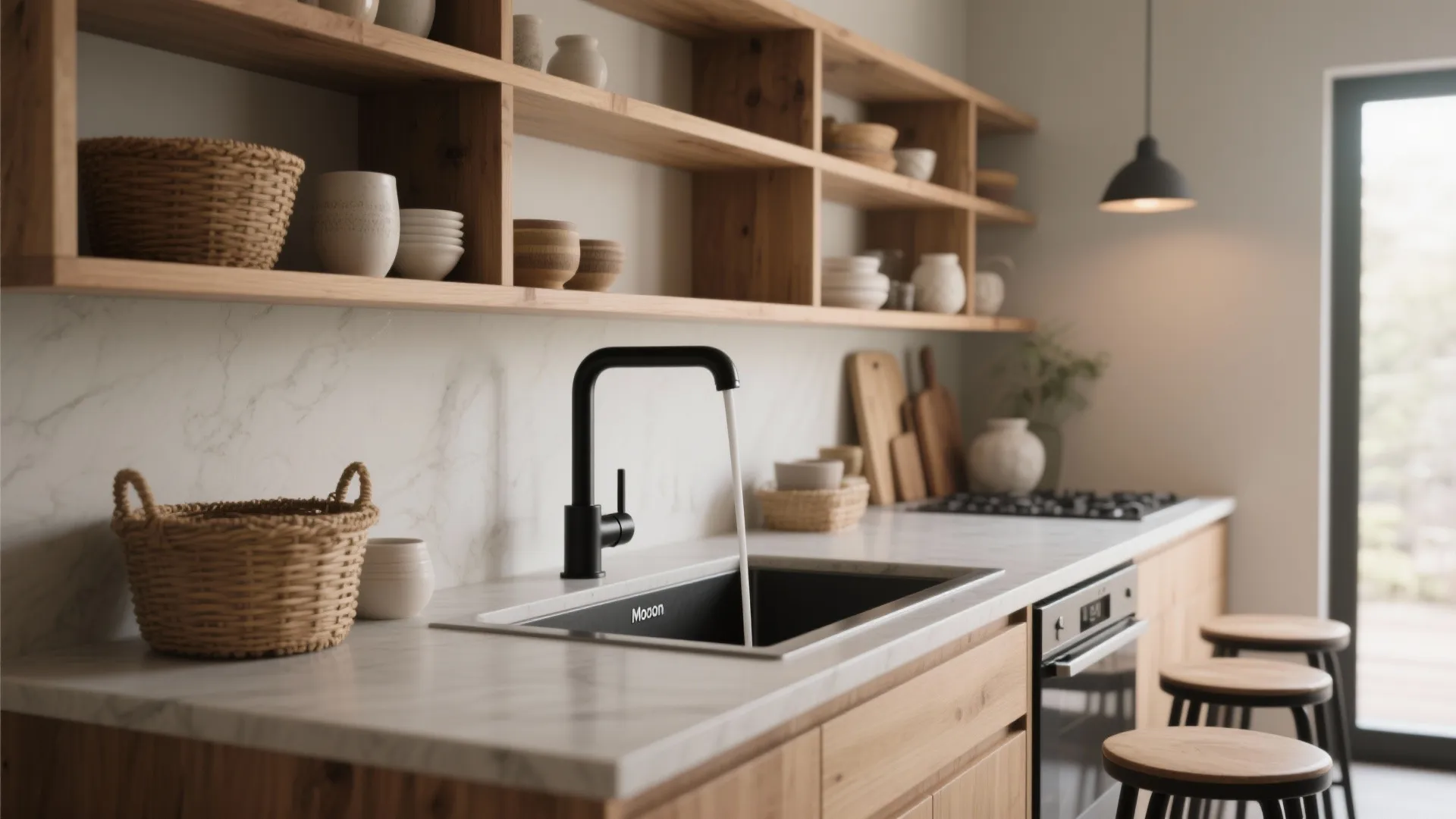 Modern kitchen with black faucet running water over sink marble countertop and wooden open shelves