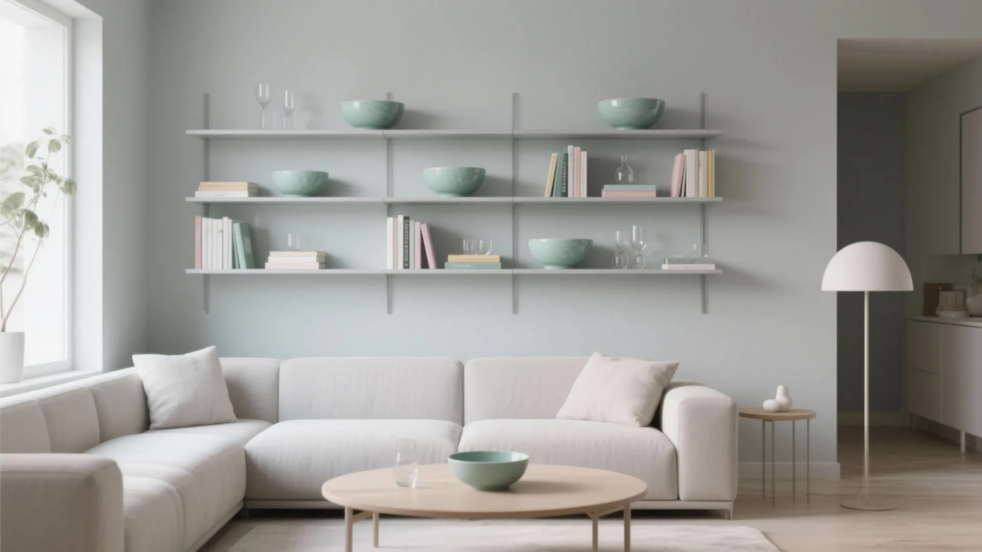 8. Open Shelving with Mint and Grey Styling