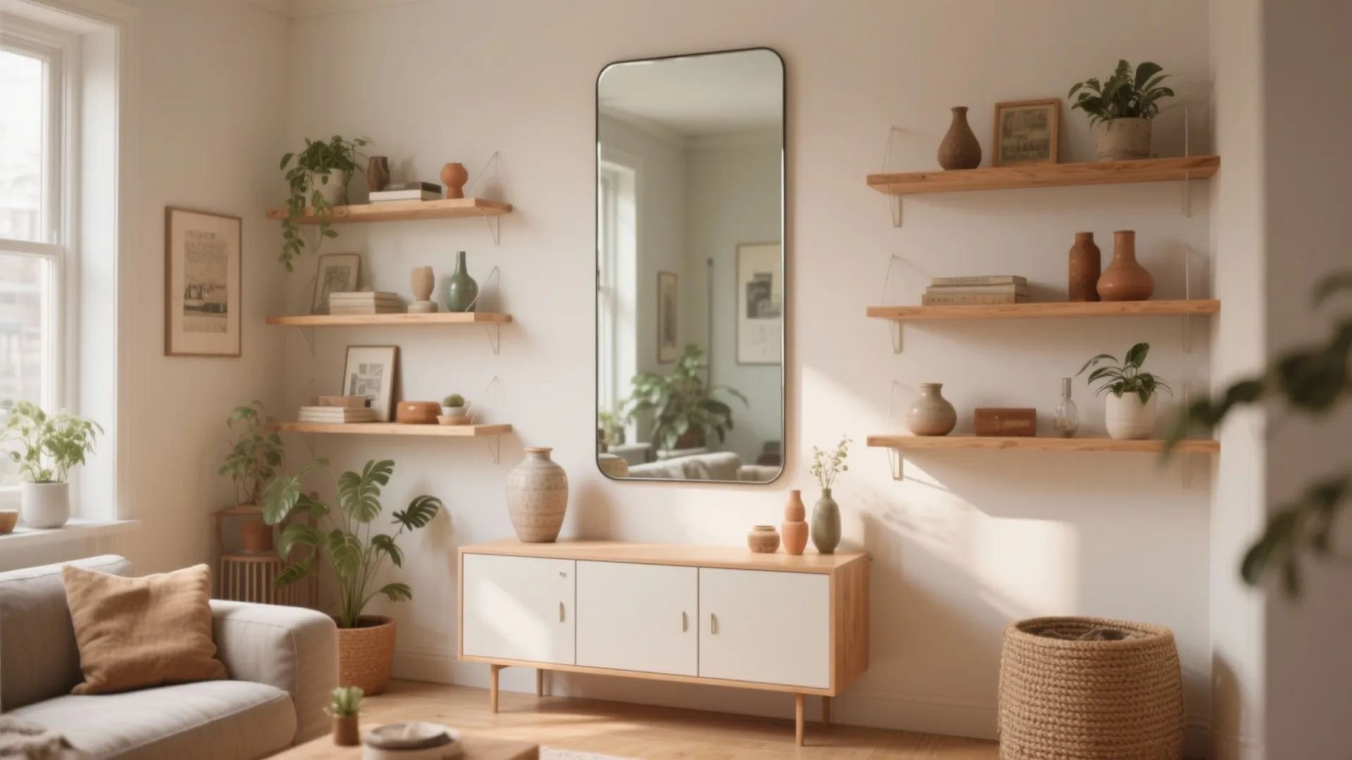 Open shelving and mirrored/reflective accents