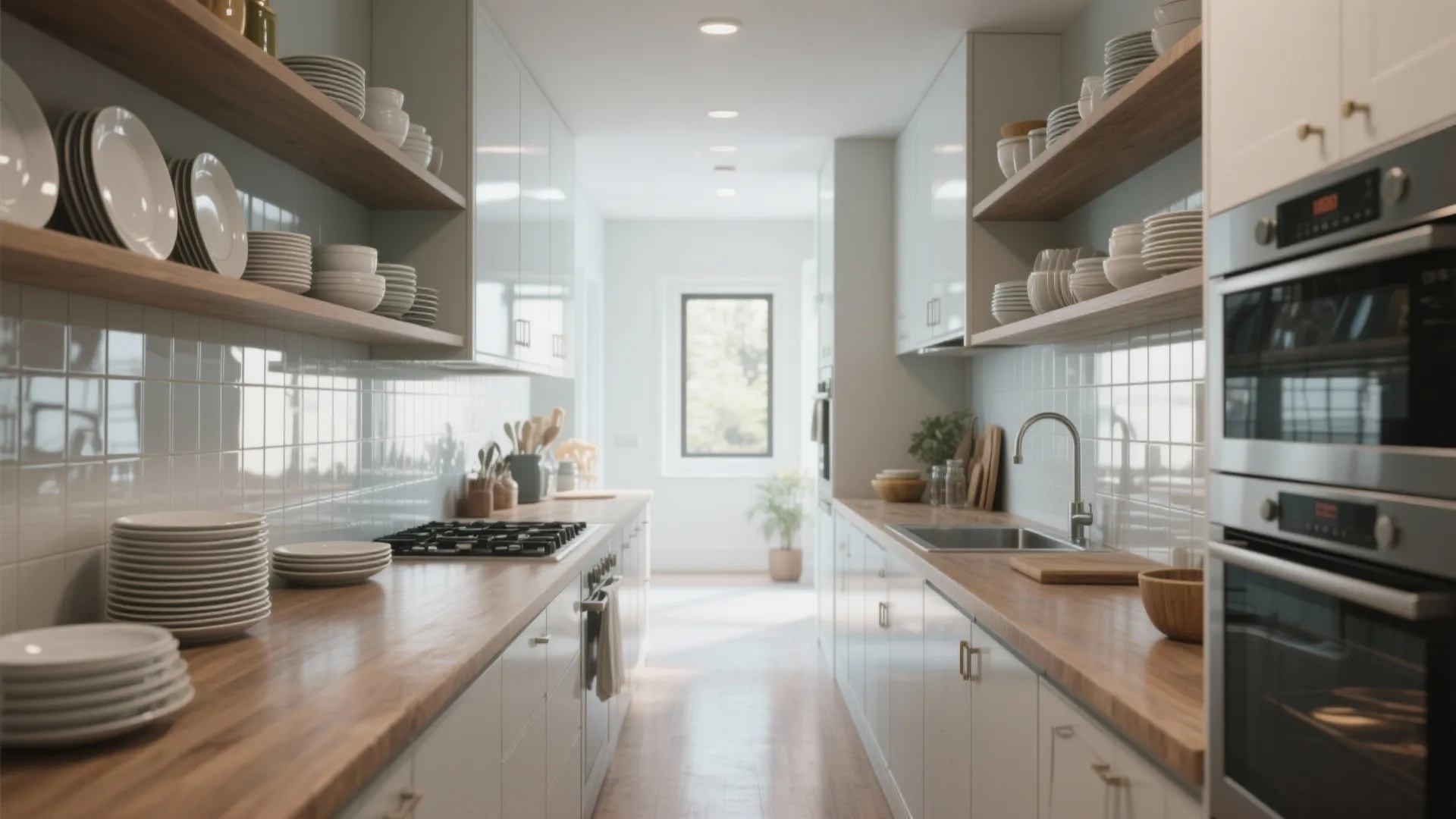 3. Open Shelves, Mirrors, and Reflective Backsplashes