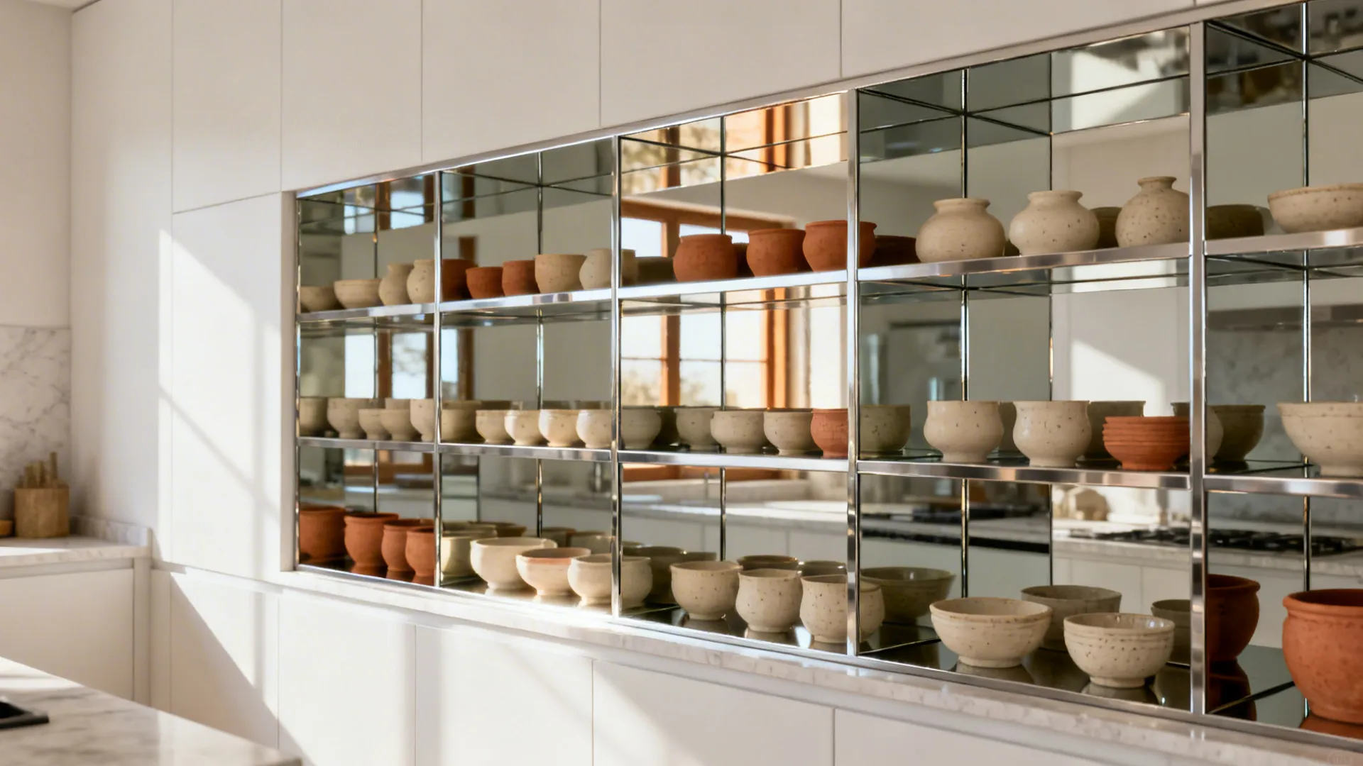 Shallow open shelves on an island back with mirrored backing and styled ceramics