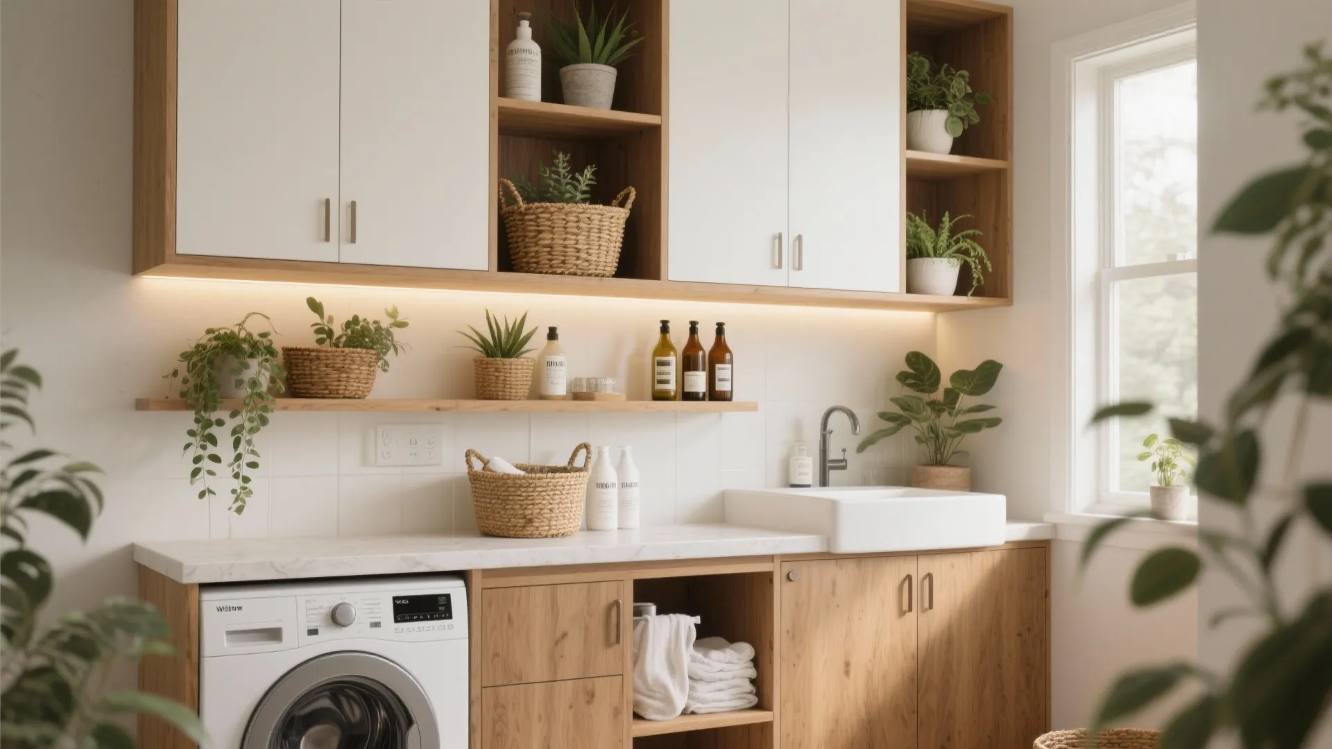 3. Open shelves paired with concealed cabinets