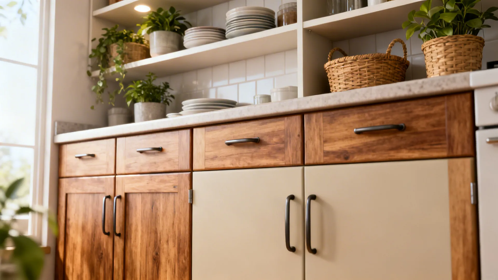 Small kitchen wall with open shelving above closed cabinets styled with dishes and plants to feel larger
