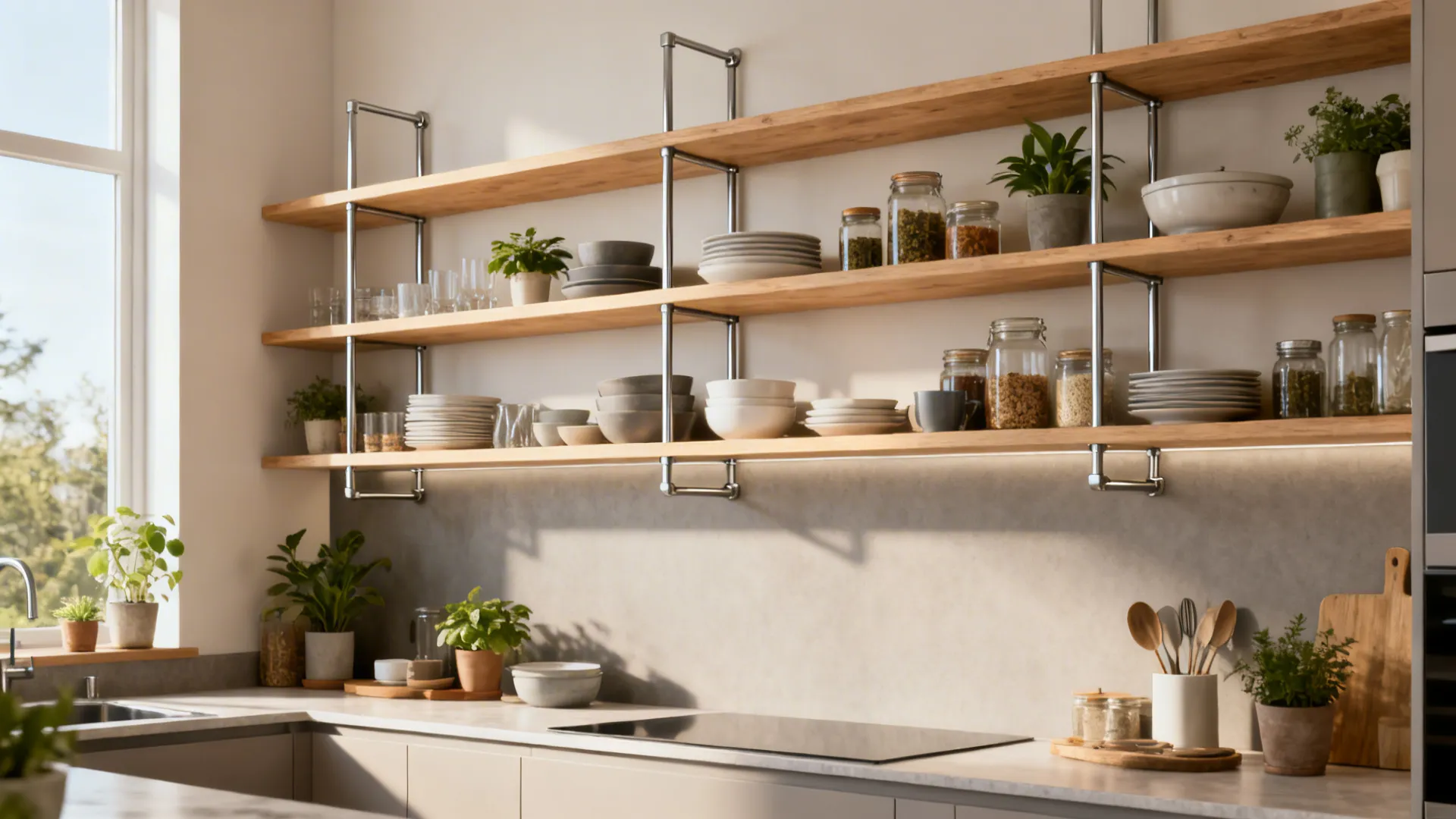 Open wood shelves with modular supports holding dishes and jars above a kitchen counter