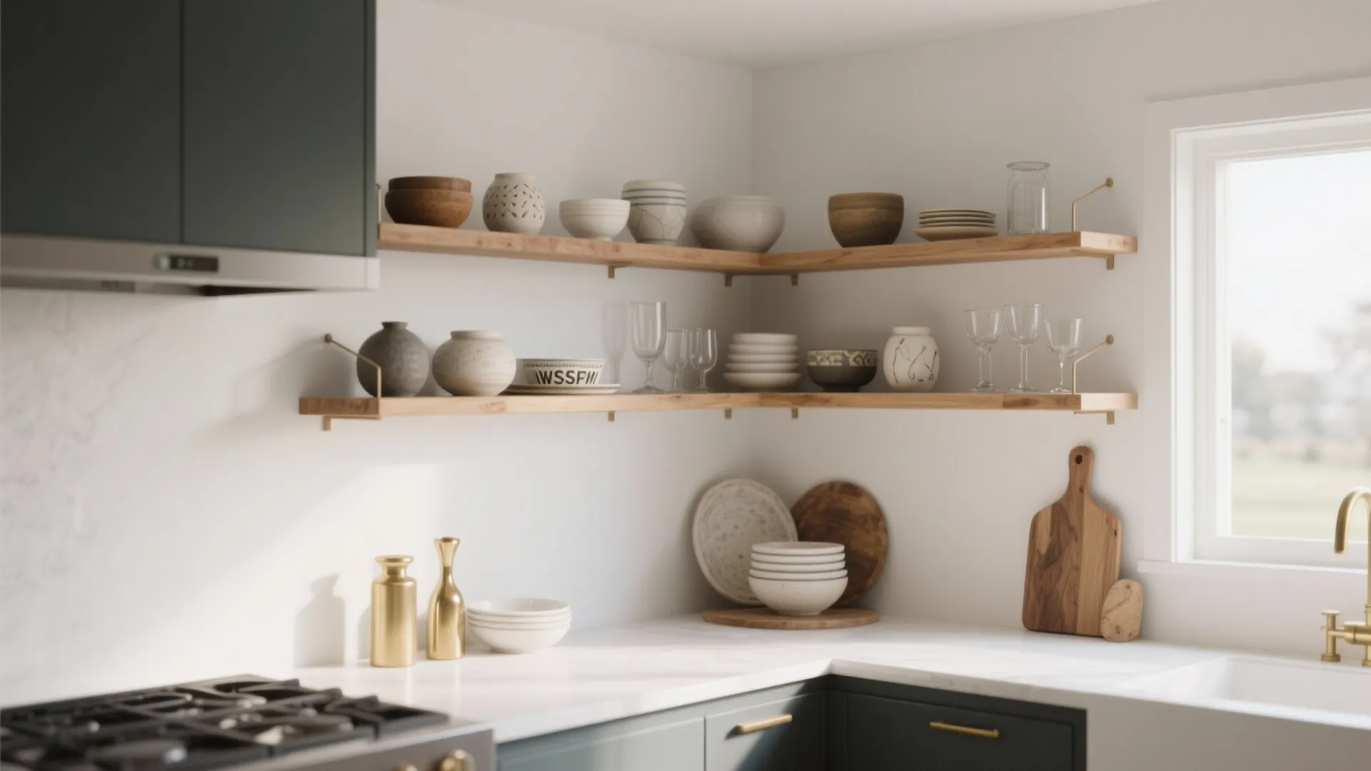 Wooden corner open shelves in a white kitchen with various bowls, vases, and glass cups