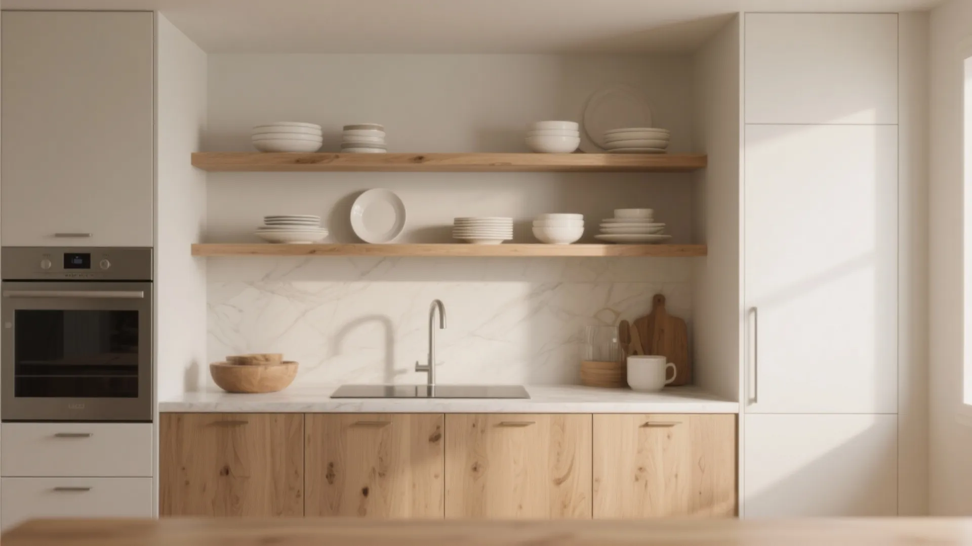 2. Open Shelving + White Oak Cabinets