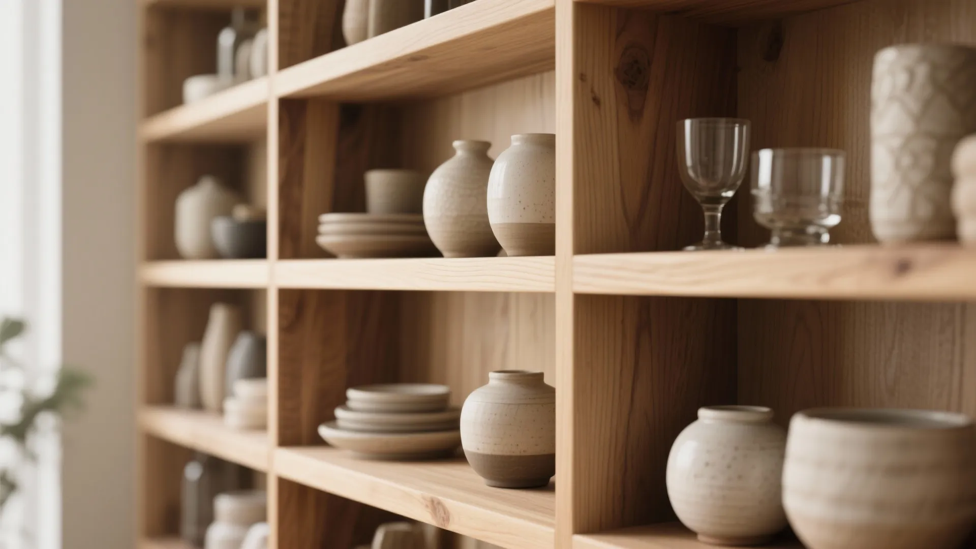 Wooden open shelves displaying various ceramic pots plates and glass cups in a minimalist style