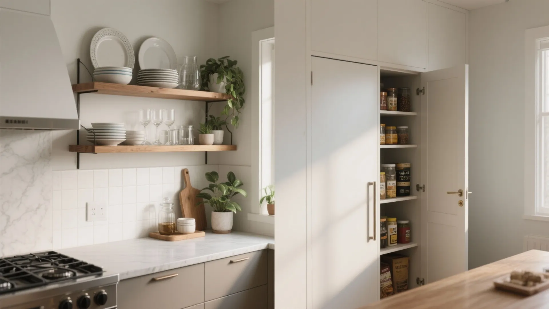 3. Open shelving + a conceal-able pantry