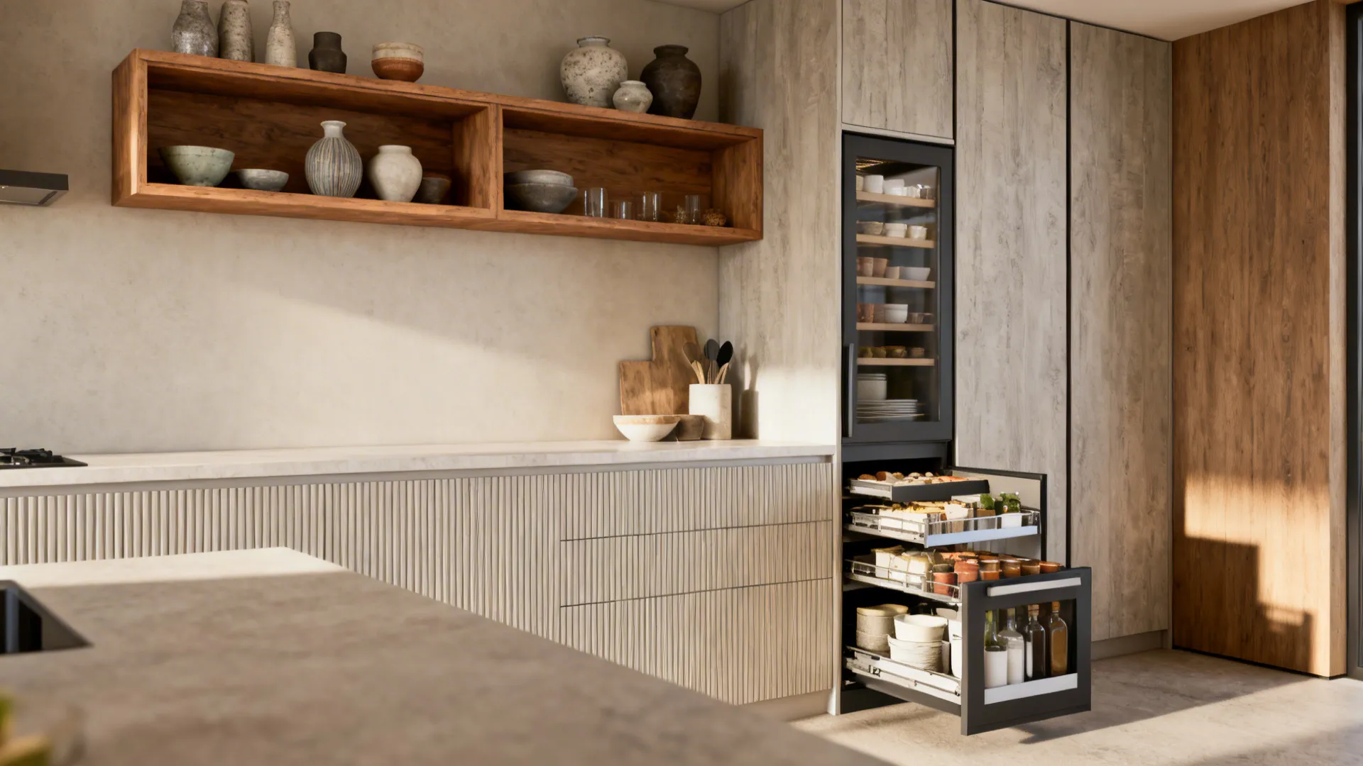3. Open shelving + concealed storage balance display and clutter control