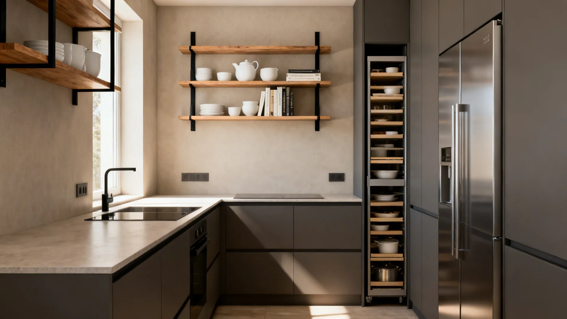 5) Open Shelving + Concealed Pantry Zones