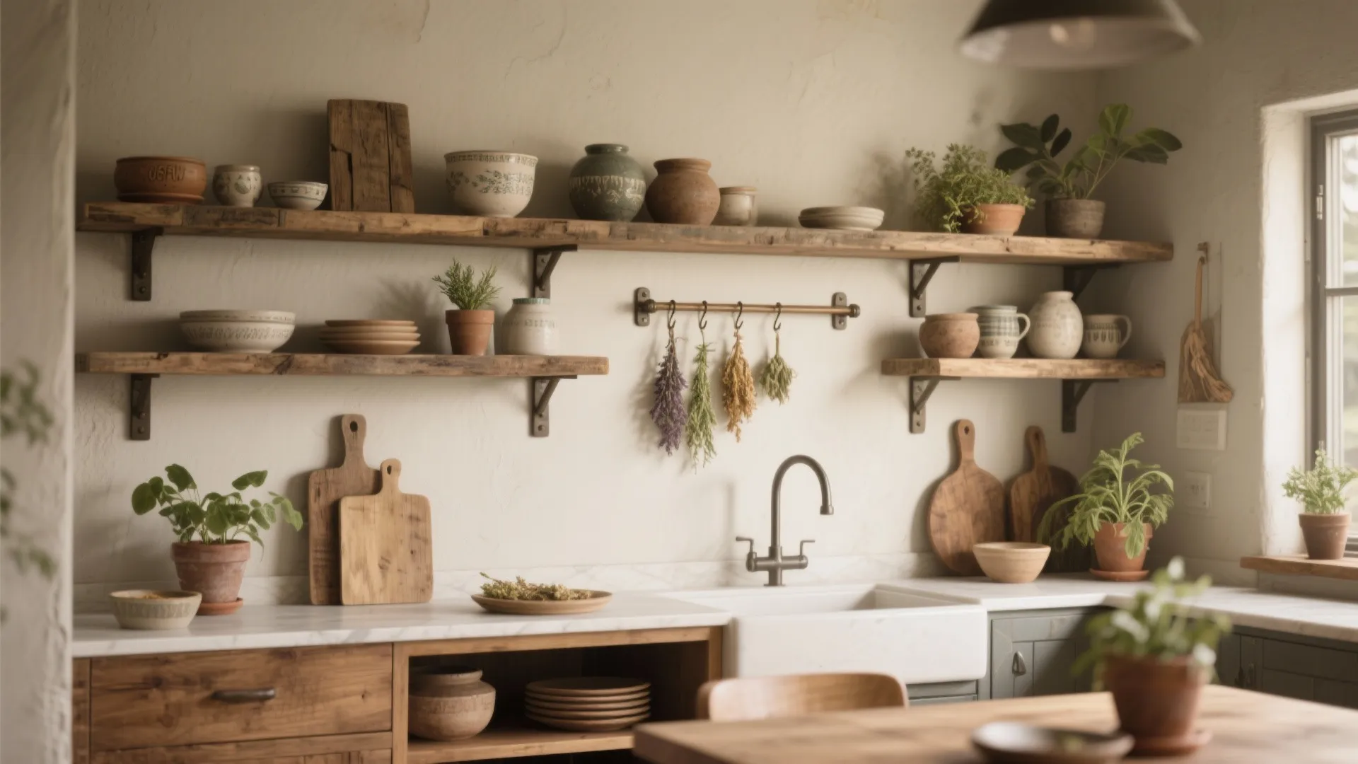 Repurposed open shelving and peg rails