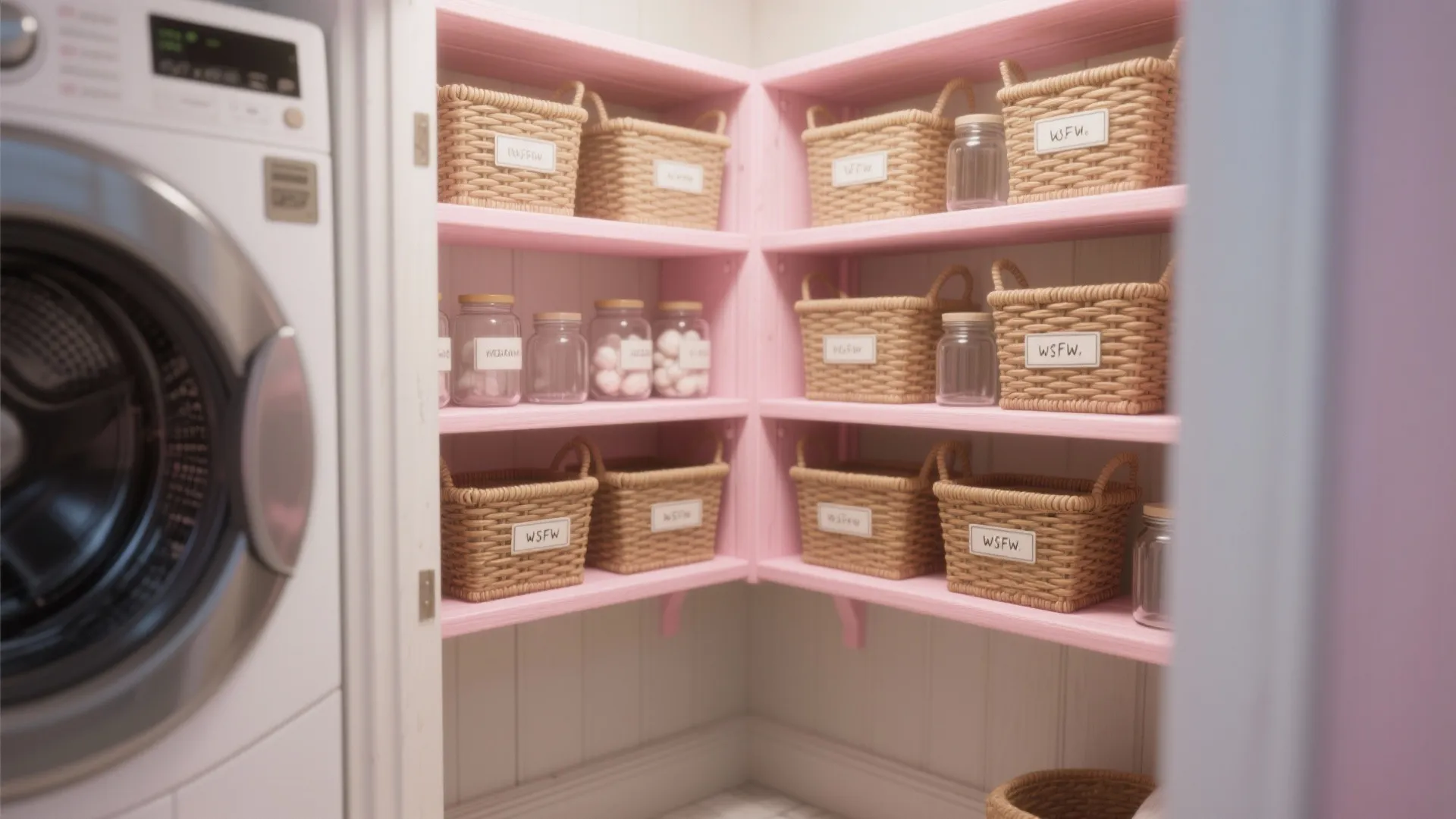 Laundry room storage area with pink open shelves holding woven baskets and glass storage jars