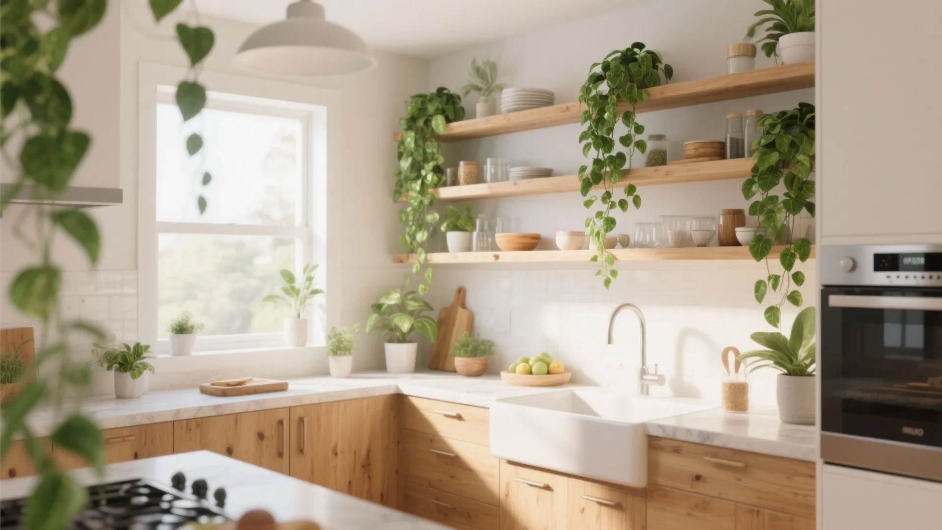 Bright kitchen with wooden open shelves filled with green hanging plants and white ceramic dishes