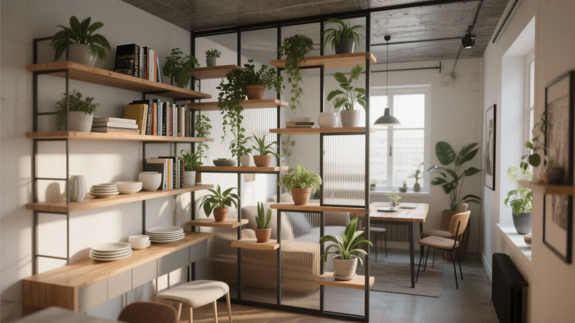 Modern wooden open wall shelves and room divider filled with many green plants and books