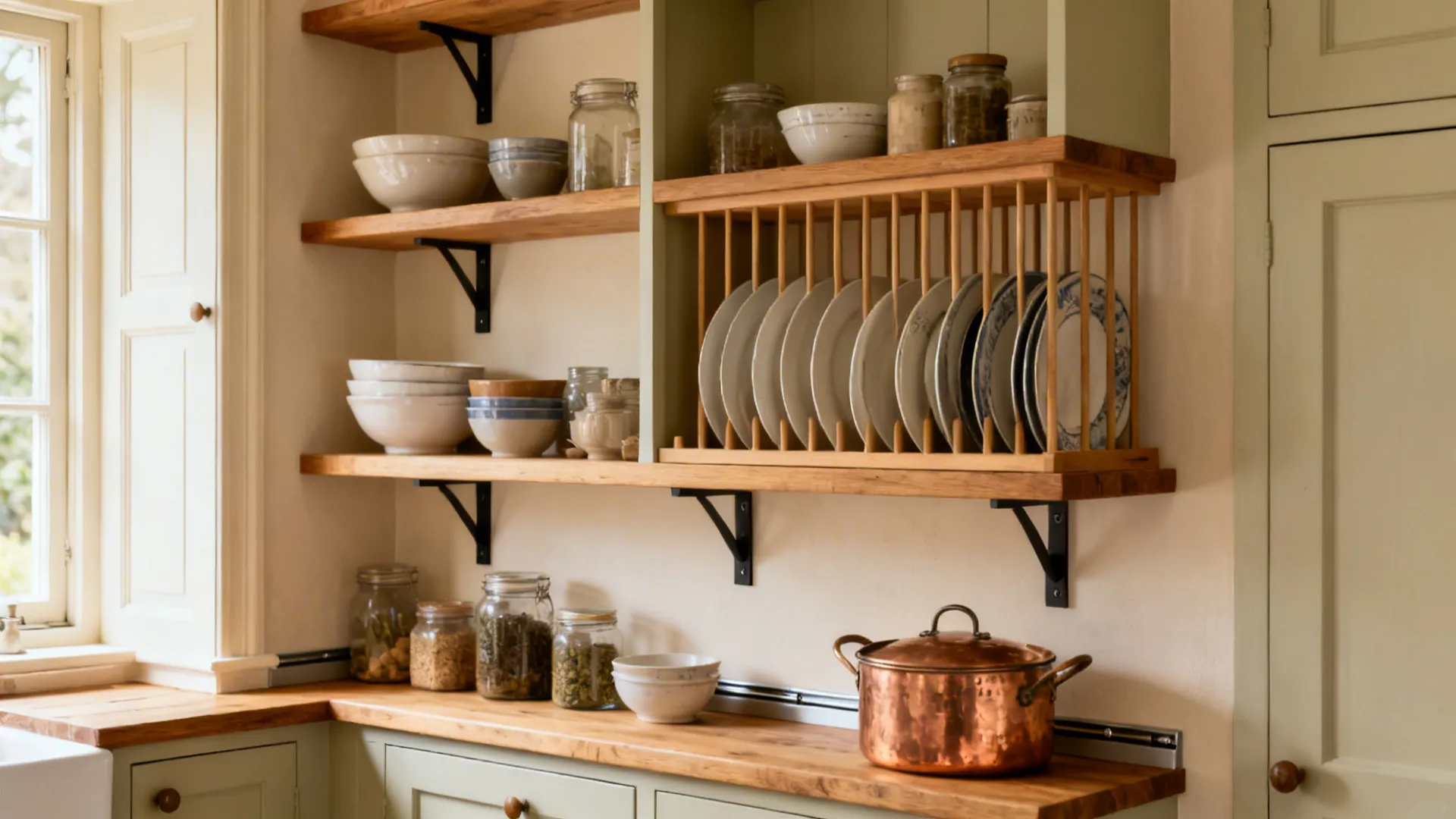 Open oak shelves with a plate rack styled with everyday dishes against creamy walls.