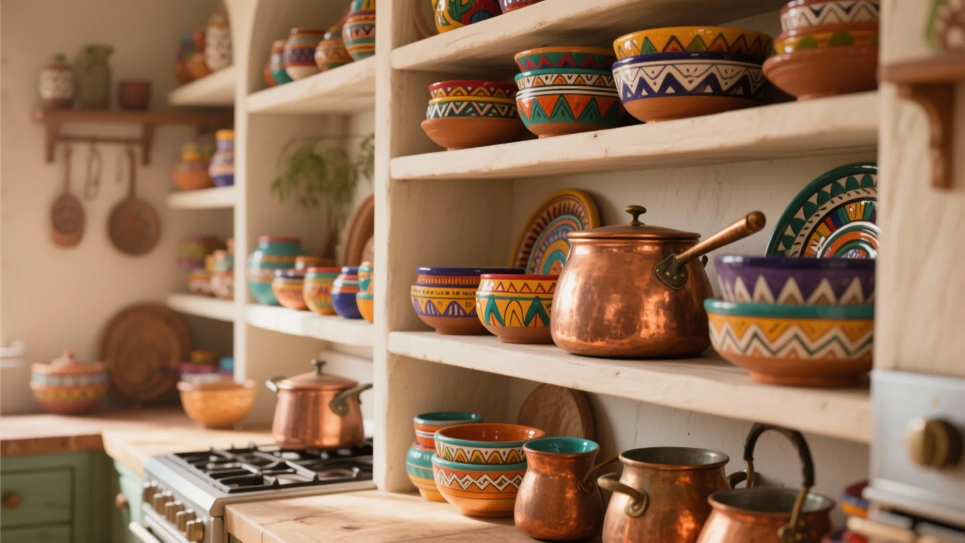 4. Open Shelving with Colorful Pottery