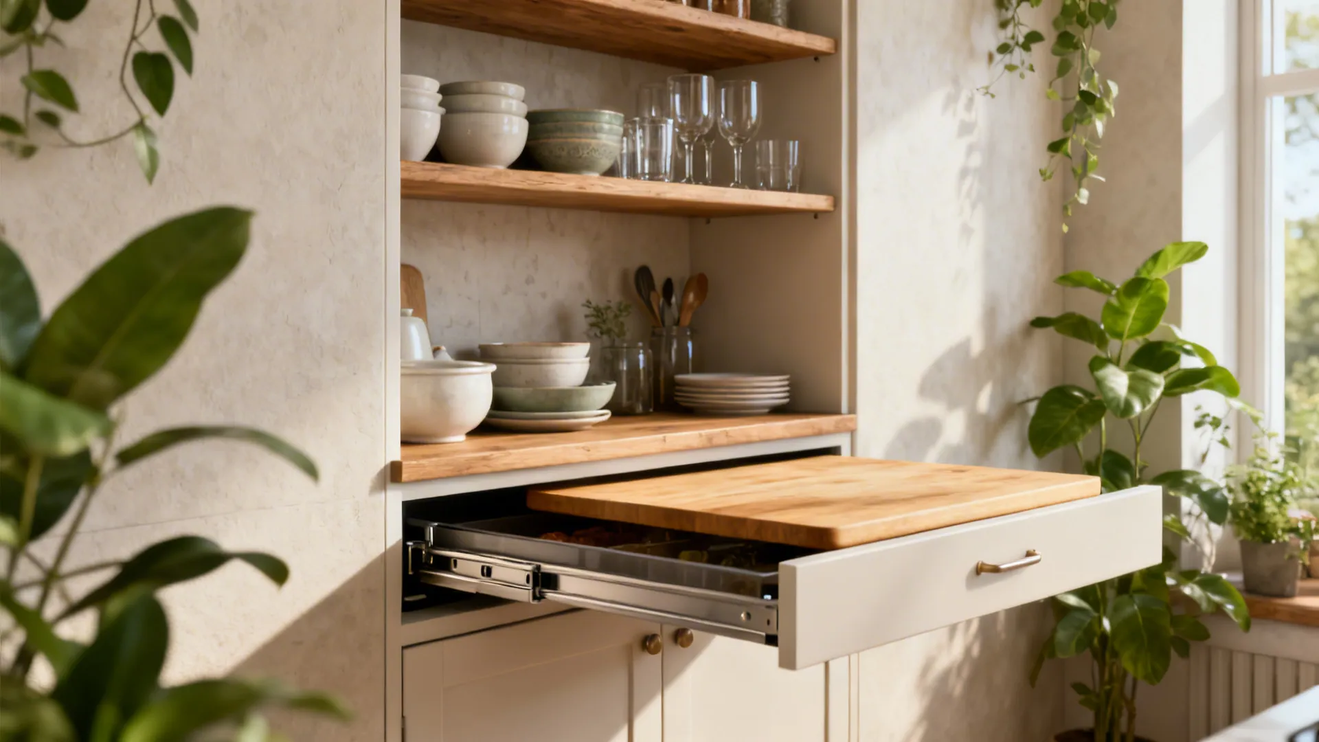 Open wooden shelves above a cabinet with a pull-out prep board extended in a small kitchen.