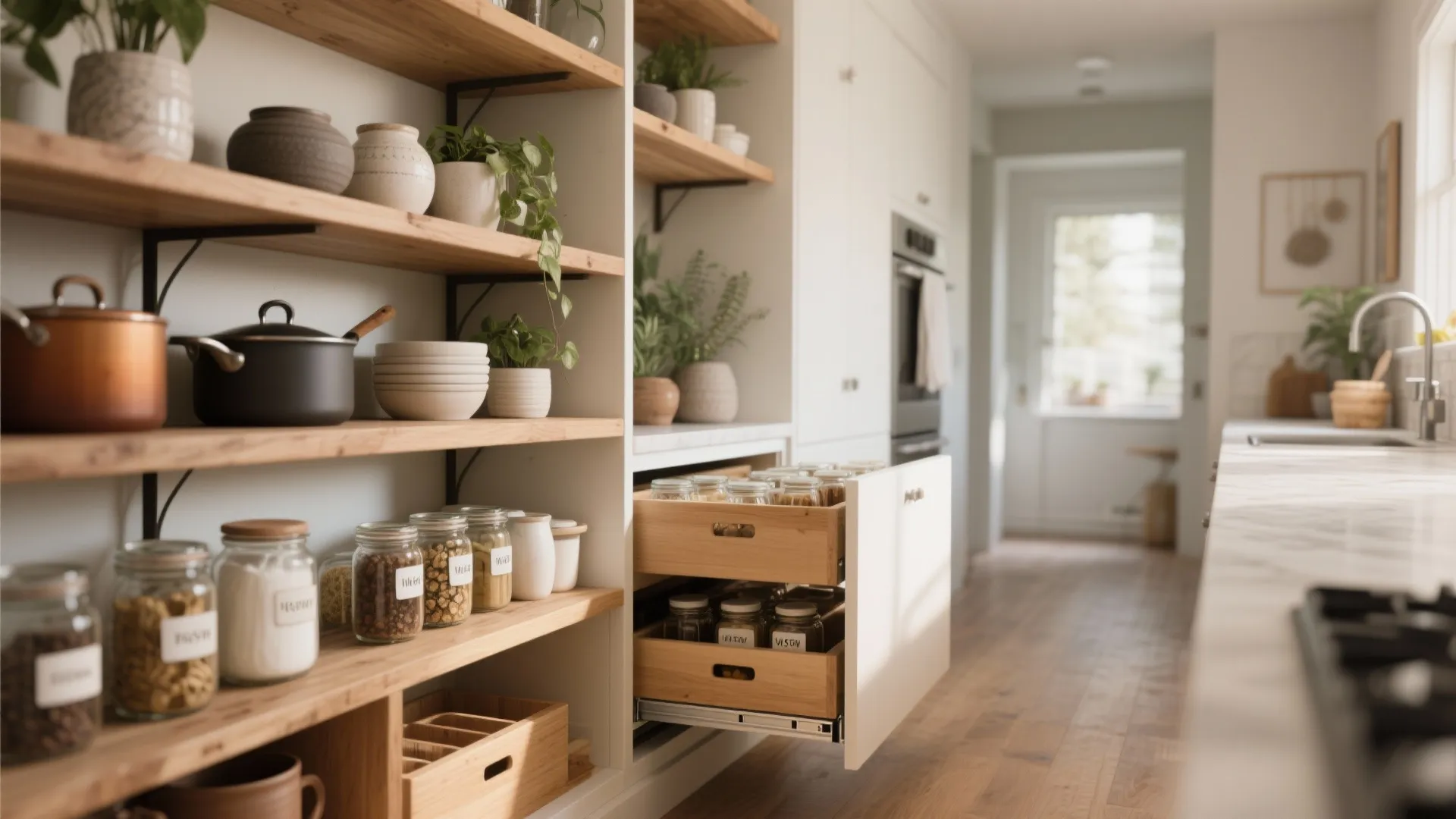 4. Open shelving + pull-out organizers