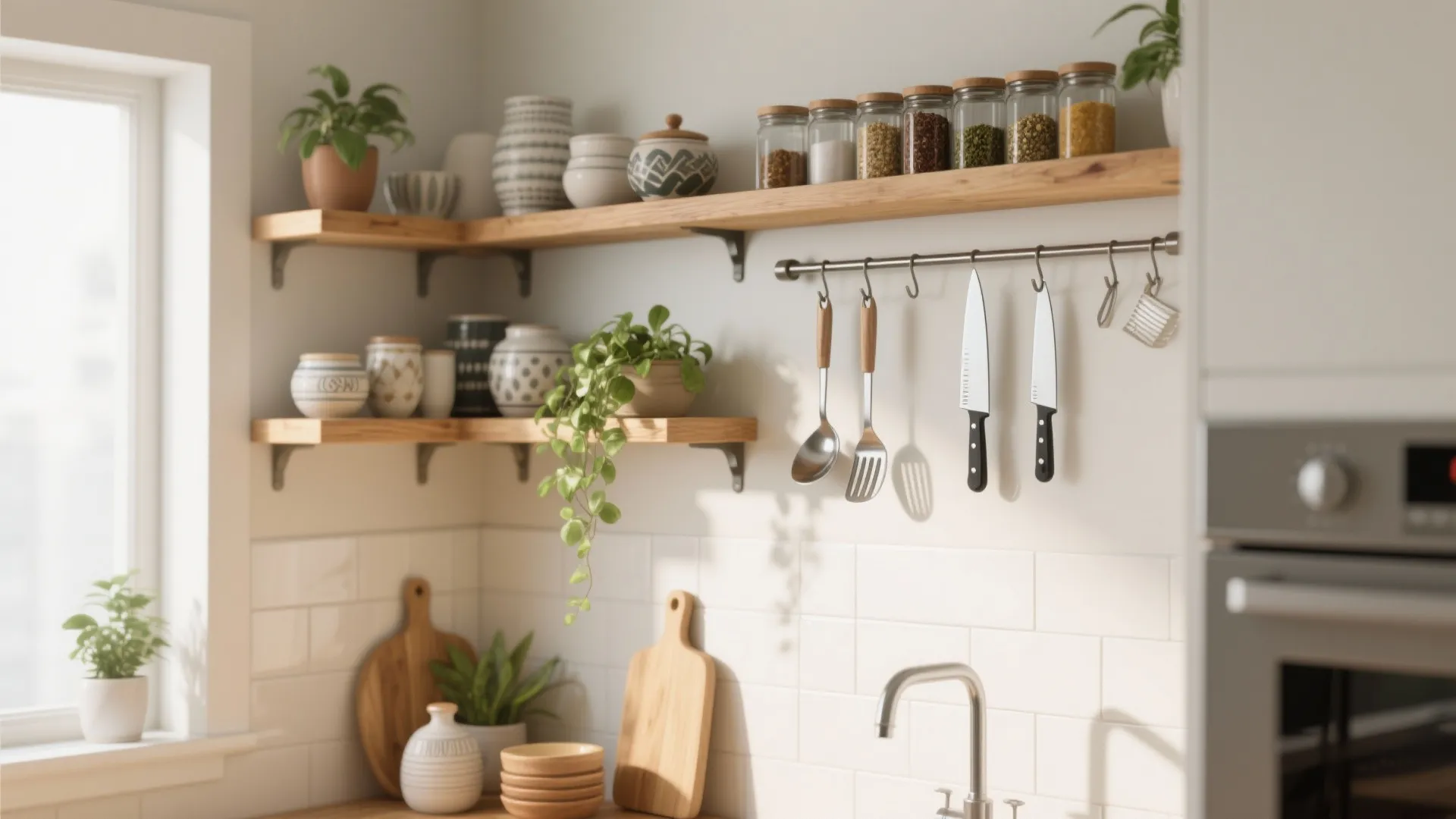 4. Overhead rails, open shelves, and magnetic organizers