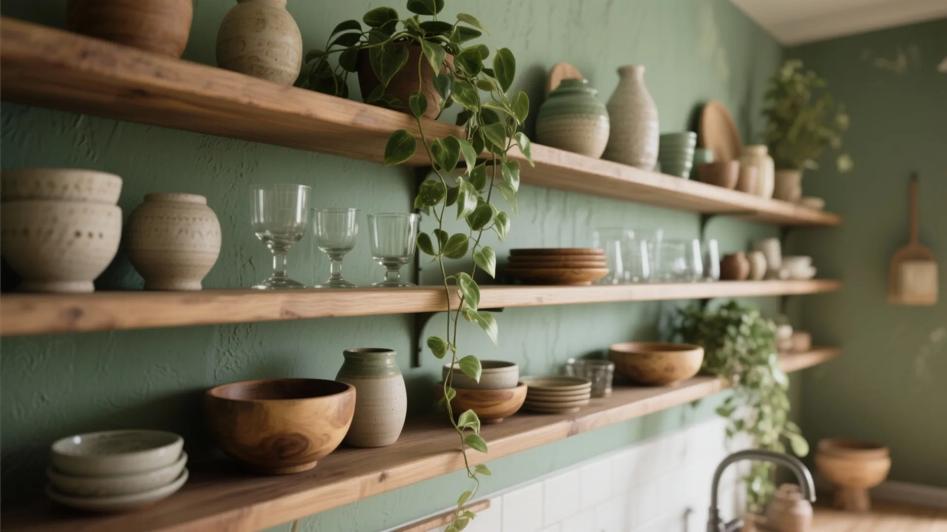 4. Open shelving, plants, and sage accents