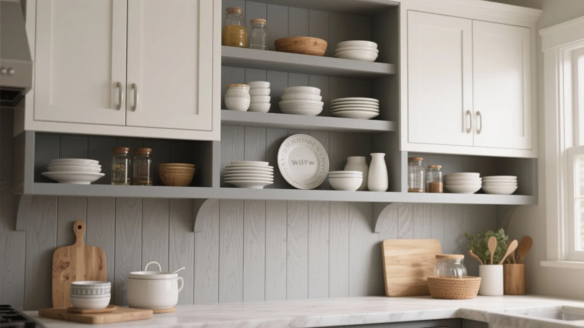 5. Soft Grey Open Shelves with White Shaker Cabinets