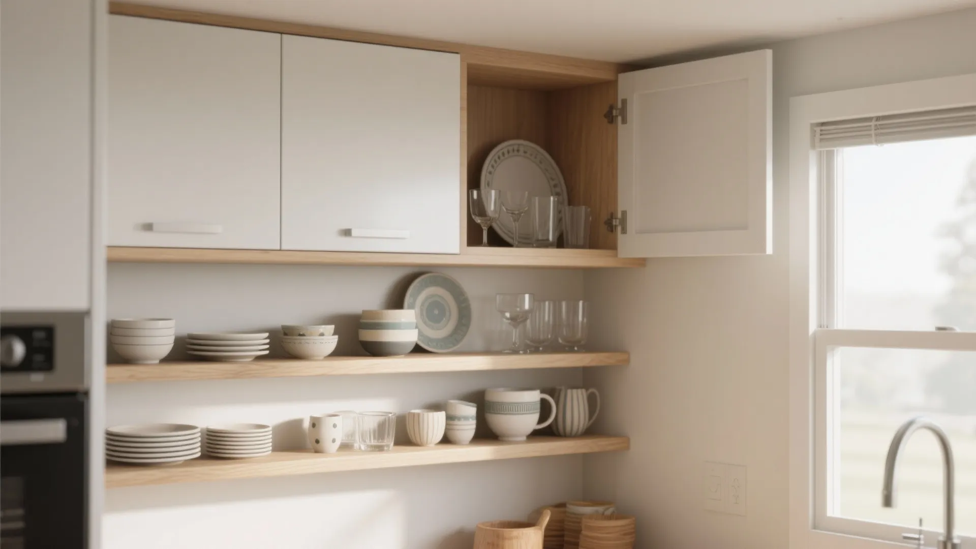 2. Mix open shelving with shallow cabinets
