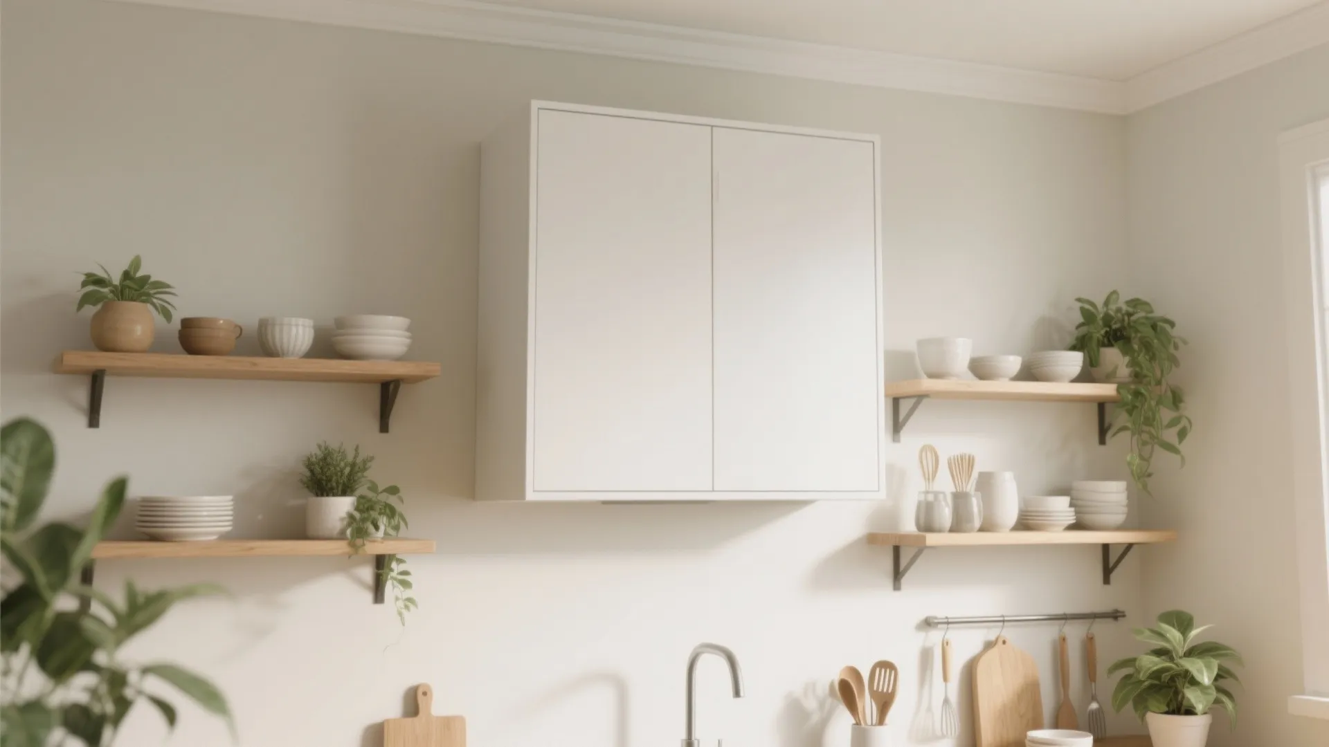 2. Open shelving paired with shallow upper cabinets