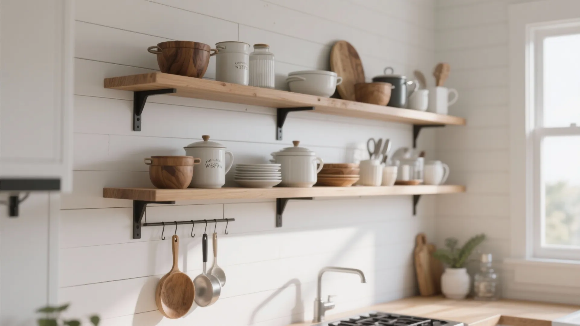 Two wooden floating wall shelves with kitchen jars and bowls on a white wall panel background