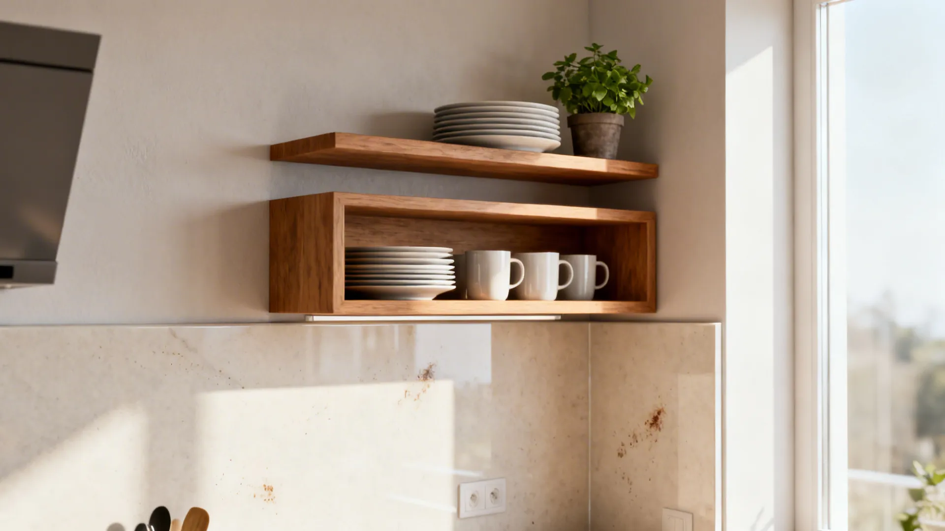Short backsplash with floating open shelves displaying dishes and a small plant, keeping sightlines open.