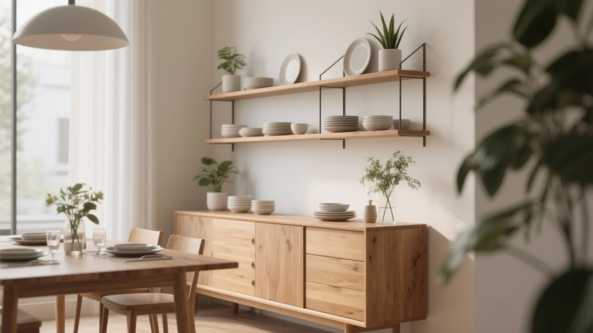 4. Minimalist Open Shelves Over a Sideboard
