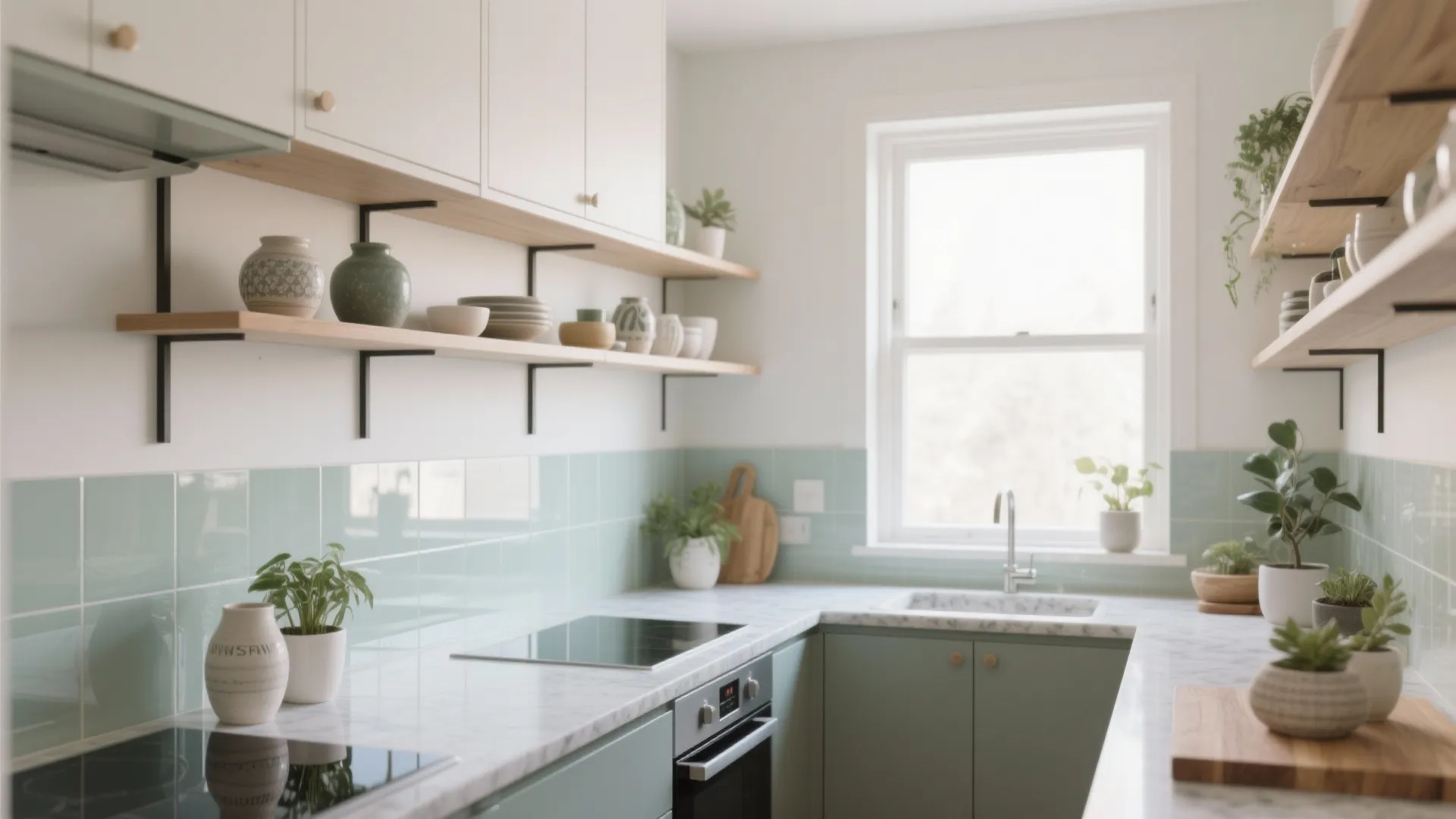 Clear sightlines: open shelves and low backsplashes