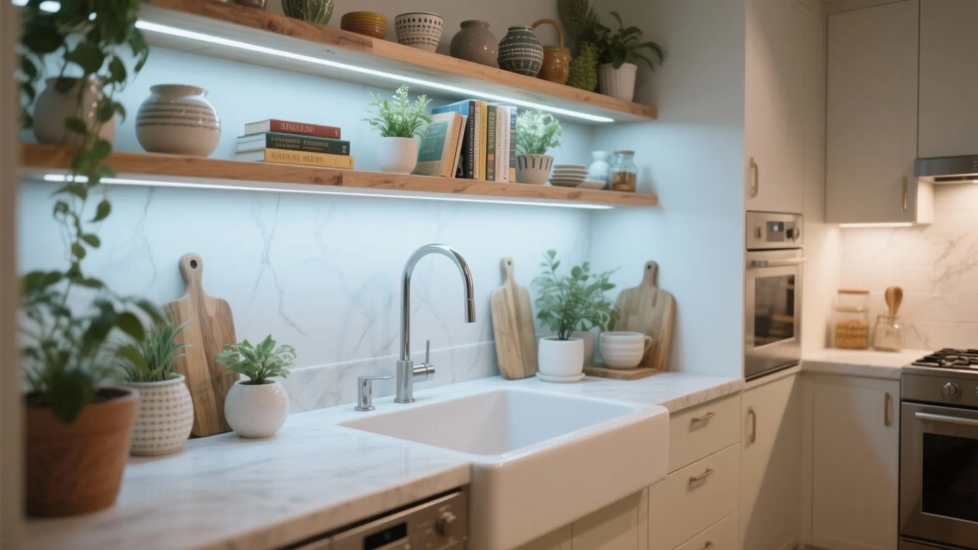 Kitchen sink with wooden open shelves above holding plants and ceramics