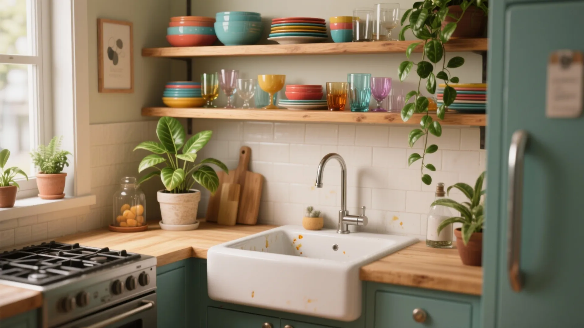 Sink wall with open wood shelves displaying bright dishes, glassware and low-light plants that reflect light and add vertical interest.
