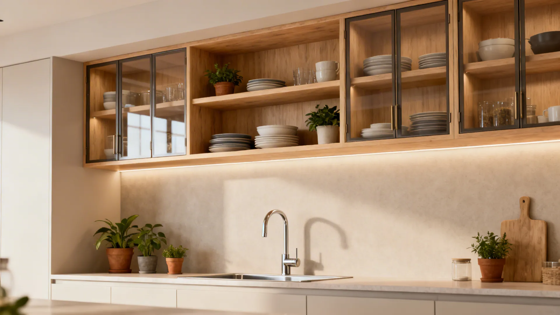 Sink wall with shallow open shelves and glass cabinets displaying dishes and plants for a lighter look.