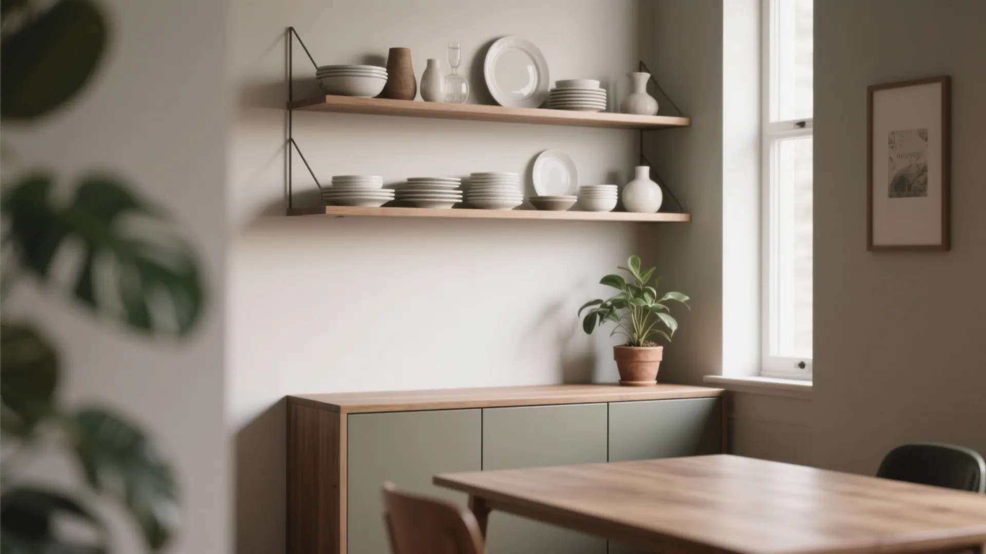 2. Open Shelving + Slim Lower Cabinet