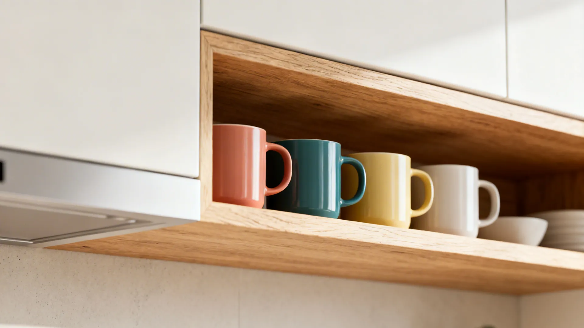 Slim upper cabinet beside open wooden shelves holding colorful mugs in a bright small kitchen