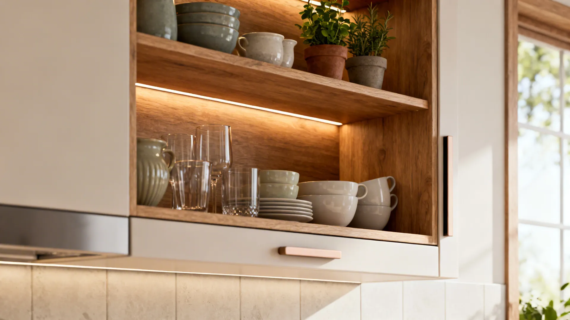 Open wooden shelves above a slim upper cabinet with styled ceramics and potted herbs in a light kitchen.