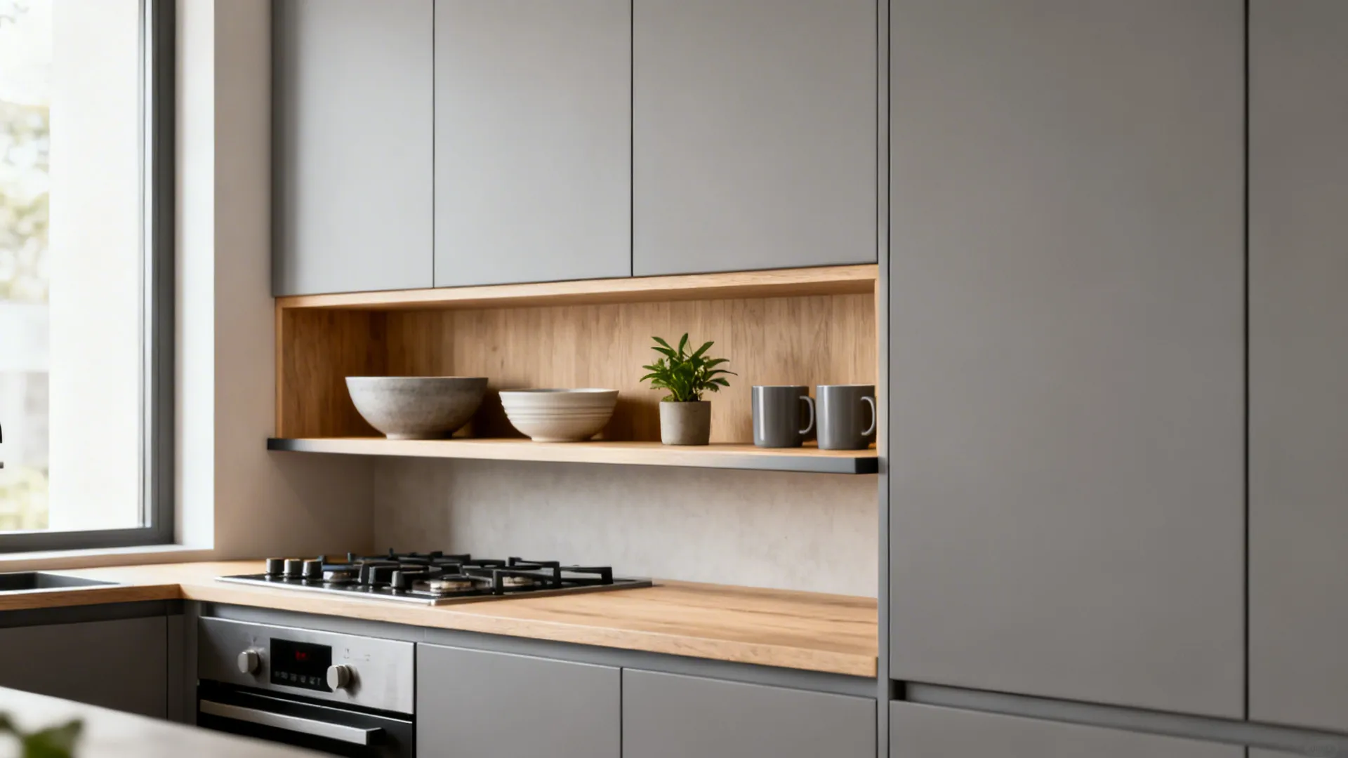 Short open shelves for daily items next to closed matte cabinets in a compact kitchen.