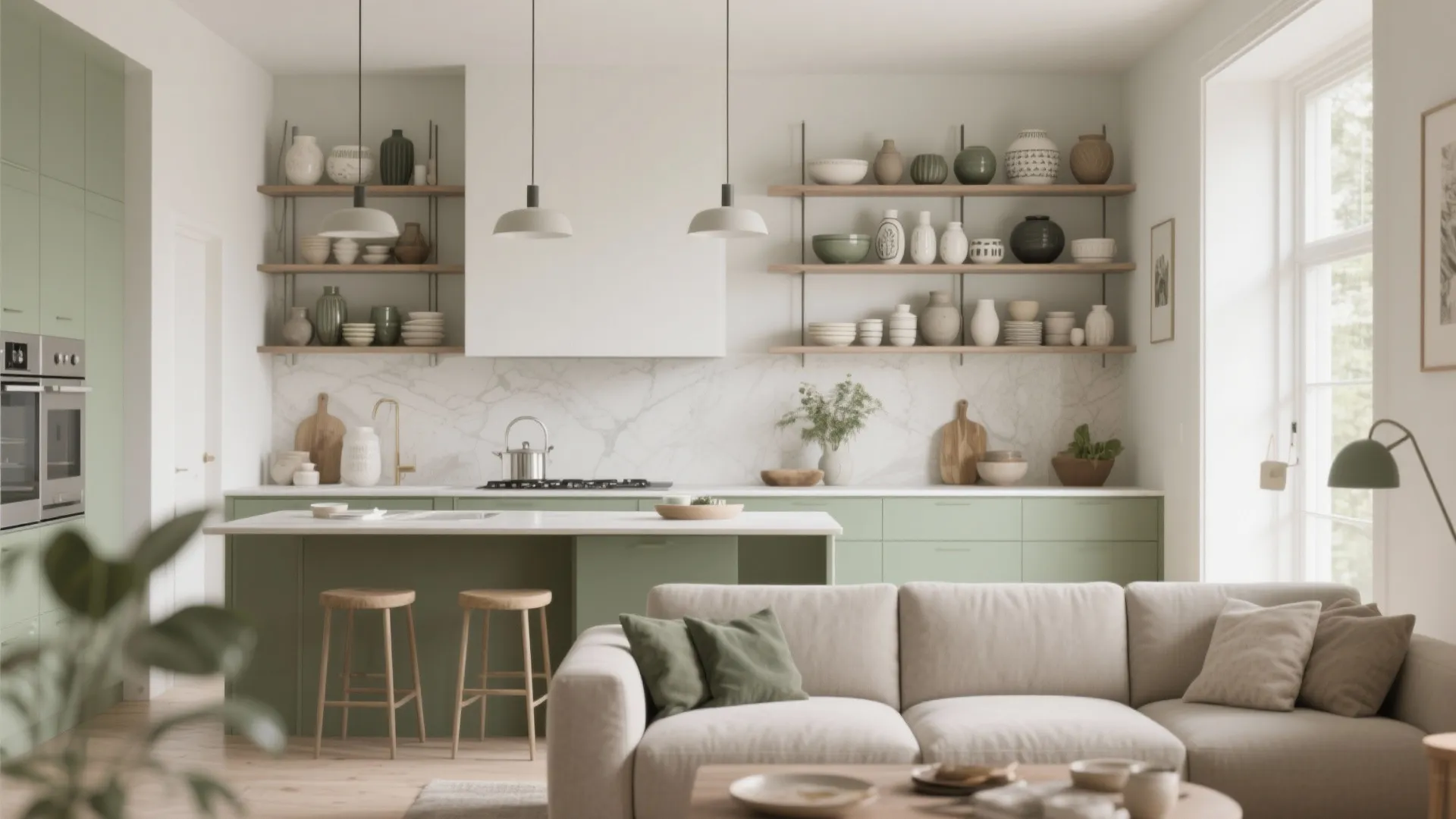 5. Open Shelving and Low Back Sofas for Flow