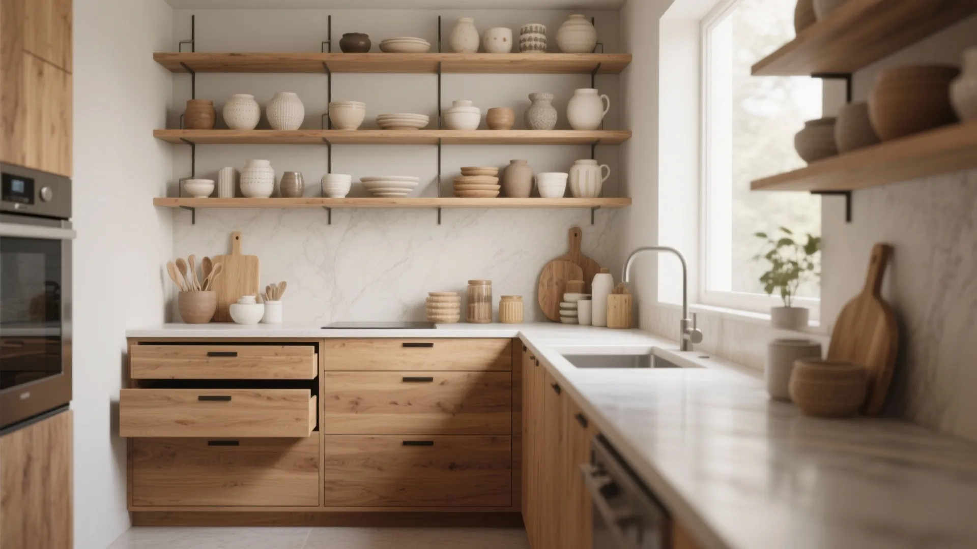 2. Open Shelving + Hidden Storage Banks