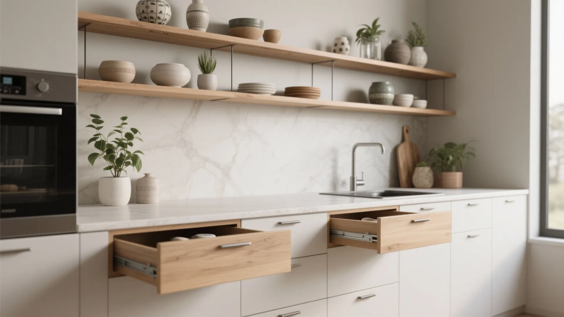 2. Mix open shelving with concealed storage