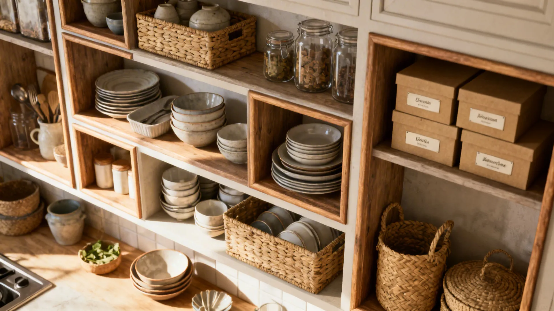 Open kitchen shelves with baskets, jars and framed storage keeping a small kitchen tidy